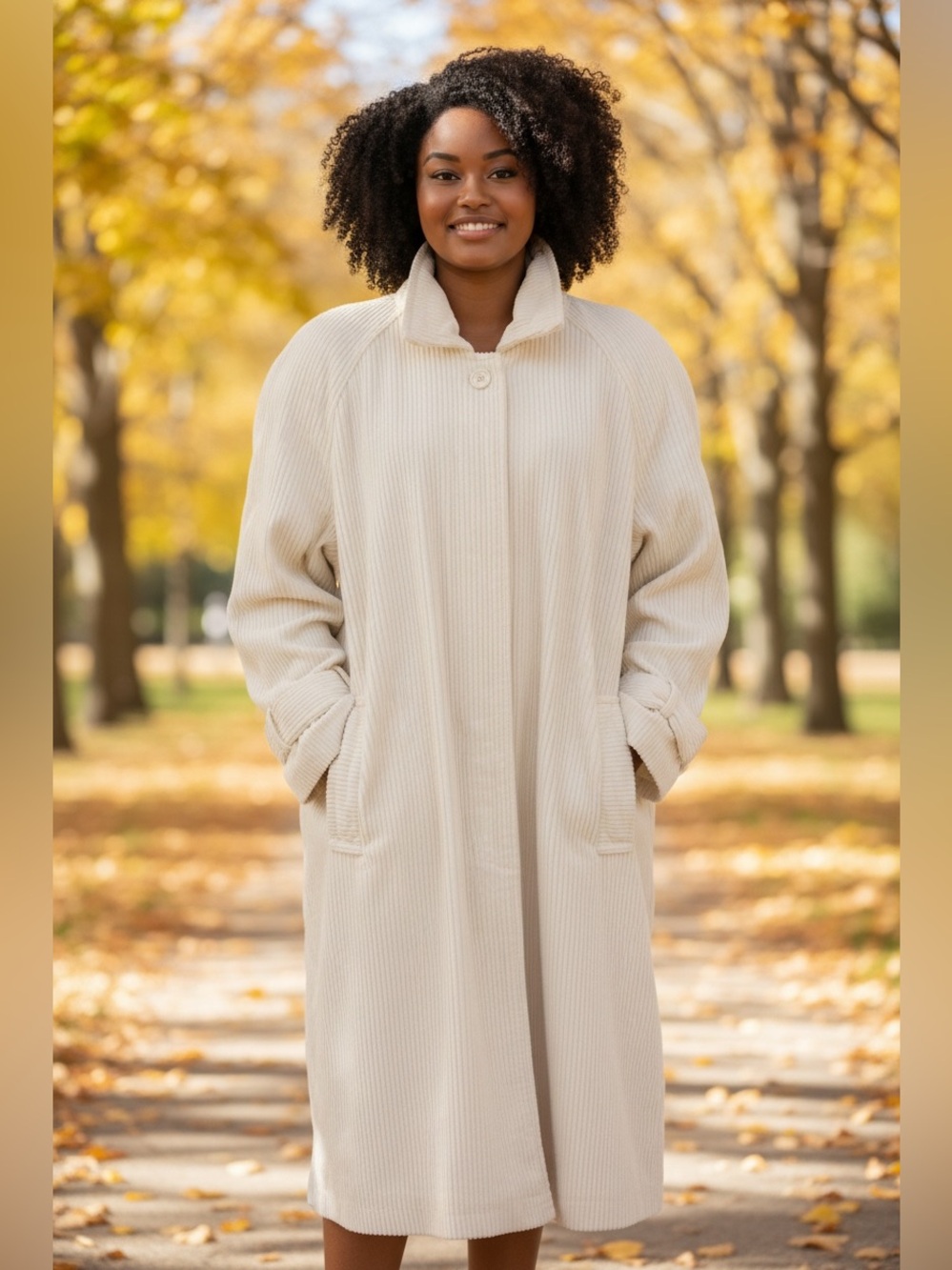 80s OS INTERNATIONAL WIDE WHALE CREAM CORDUROY LONG MIDI TRENCH SWING COAT SZ 16